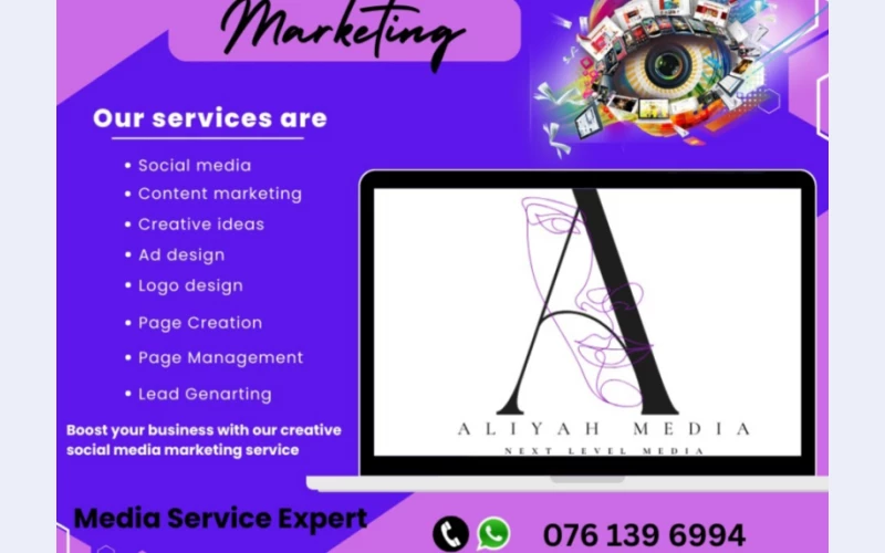 Aliyah digital marketing.we are professionals  custom ads, social media advertising, logo designing and many other marketing strategies. Expand your business to international level and see bigger turnovers