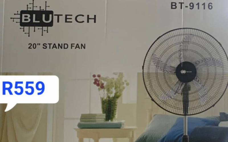 Blue tech stand fan. Experience tranquility with our quite fan and lowe noise technology.