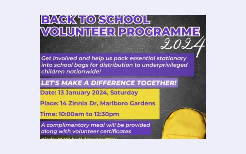 Back to school volunteers program. Get involved and hep us pack  ensssetial into school bag for distribution