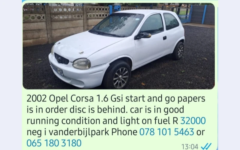 Opel corsa in vanderbijlpark. Still in perfect running condition.its an excellent car for money value.it affordable and parts are accessible across the crountry