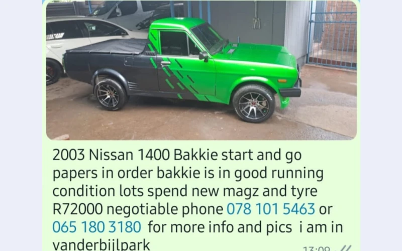 Nissan bakkie 1400 in vanderbijlpark for sell.still in goodworking condition and it has good service history. Very good for transport and fuel economy
