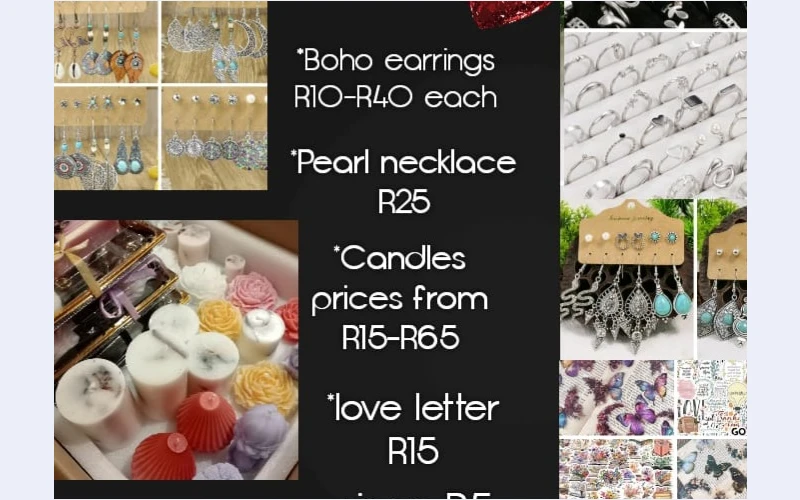 Earrings,stickers, and candles in Richards bay for sell.our product are ffordable and we sell them nation wide.call place your order