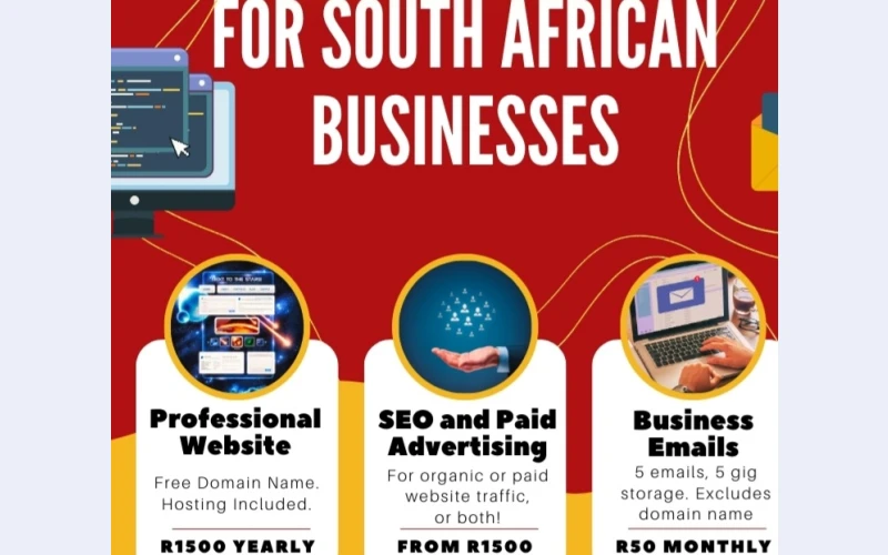 Website professionals in randfontein.this includes hosting,designing, domain name or transfer up to 7pages.for your website assistance call us for assistance
