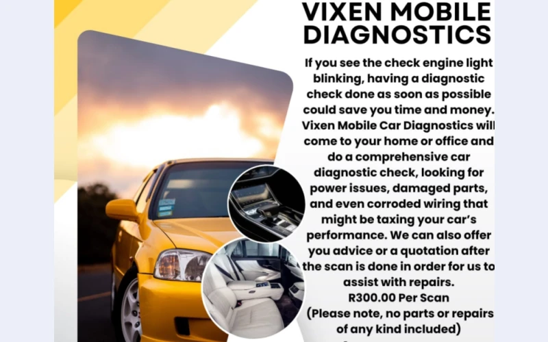Vixen mobile diagonistic in Johannesburg. If you see  the engine light buliking , have diagnostic done as soon as possible could save time and energy. Its 300 per scan