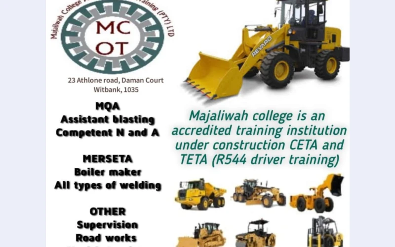 Majaliwah college in witbank .accredited institution training mining and earth machinery like forklift, tlb, dump truck , tipper truck among others