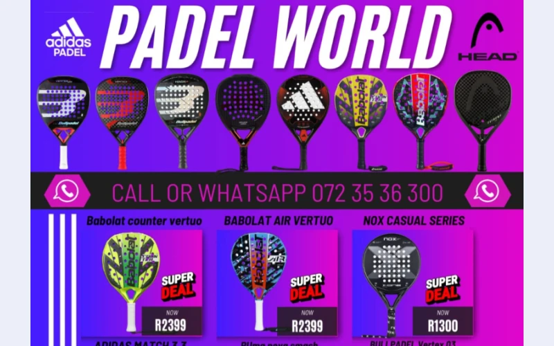 Padel world in bronkhorstspruit for sell.we have them in different types like adidas metalbone youth, adidas match,adidas drive light , head zypher pro and many others .call us for information