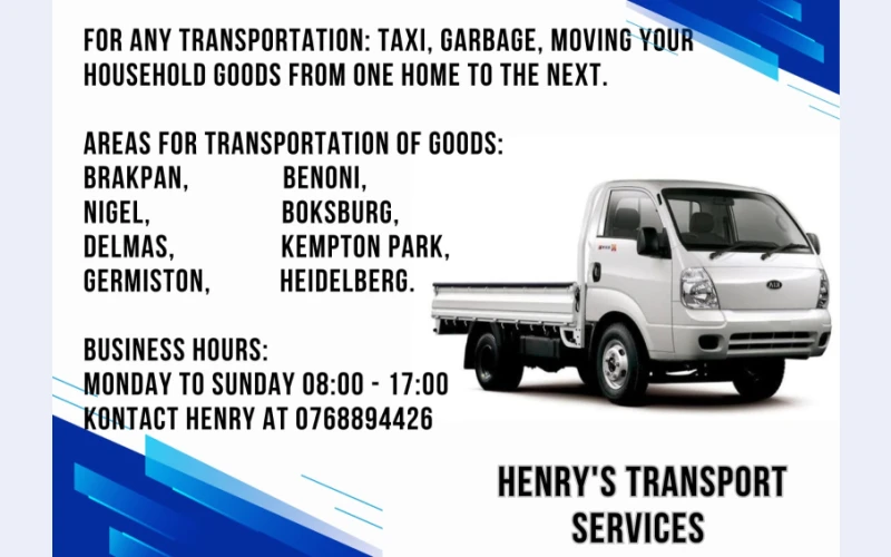 Transport services.we specialize in transporting goods from short distances to long distances adiscounted rates and veichles are reliable dont hesitate to give us acall