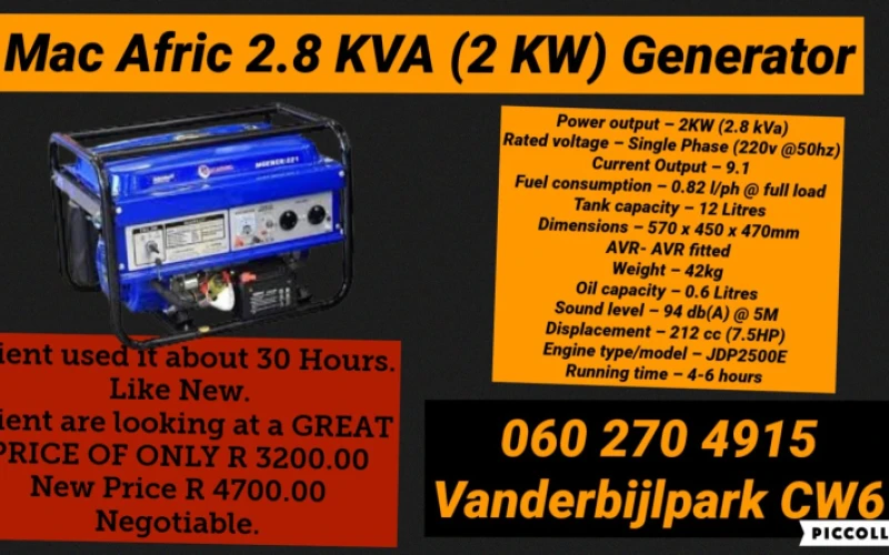 Generators in vanderbijlpark for sell.less no to loadshedding and we welcome light in our daily lifes .by doing so all appliances using electricity will remain function well and life will be more easieir. Call to place your order